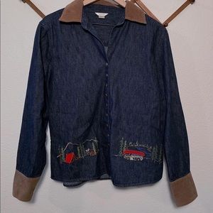 Vintage Denim Button Up with Cabin Embroidery